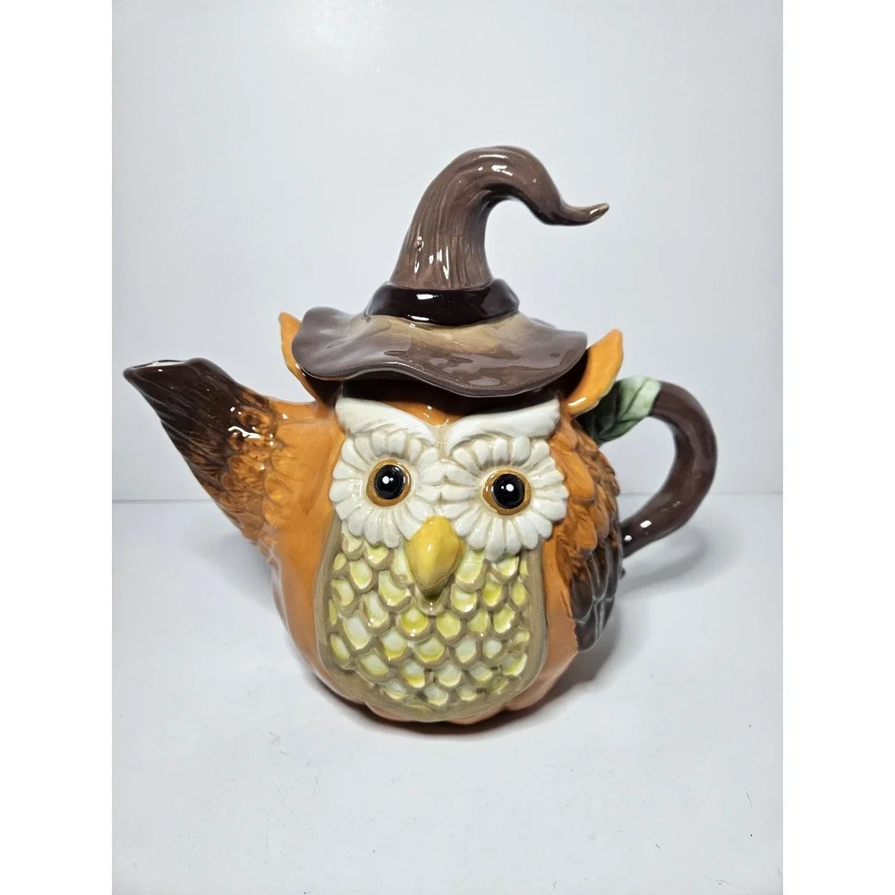Cracker Barrel Stoneware Witch Pumpkin Owl Tea Pot Mug Cup 3 piece Halloween